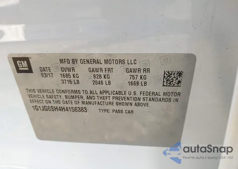 2017 Chevrolet Sonic Lt Auto z USA, uszkodzony, nr VIN 1G1JG6SH4H4156383